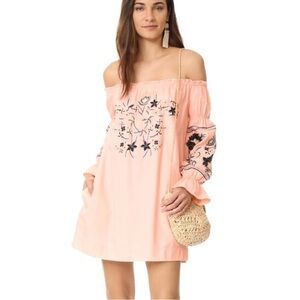 Free People Fleur Du Jour Peach Embroidered Peasant Dress XS Off Shoulder Boho